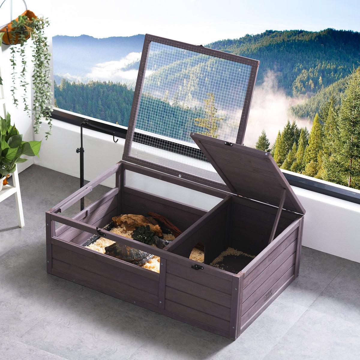 VEVOR koka bruņurupuču māja ar 2 nodalījumiem un atveramu jumtu, 96 × 61 × 33 cm