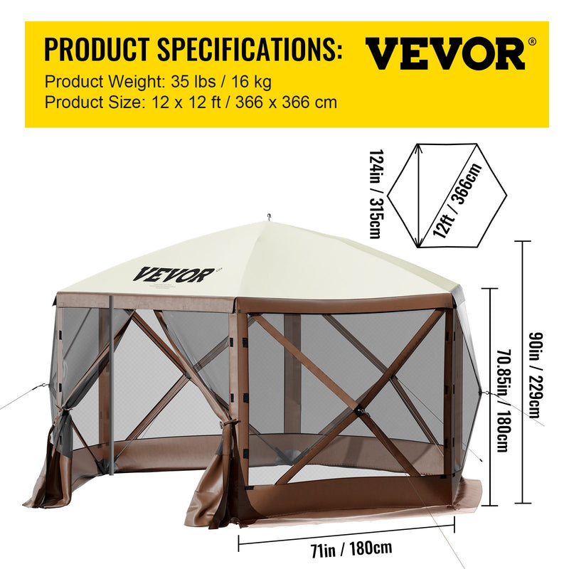 VEVOR 3,66 x 3,66 m nojume – 6-stūru Pop-Up, saules aizsardzība un ūdensnecaurlaidīga, brūna