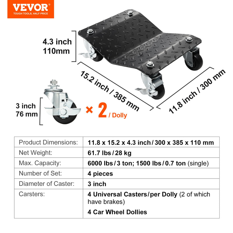 VEVOR auto remonta ratiņu komplekts (4 gab.) smagas slodzes auto remontam – 2 722 kg