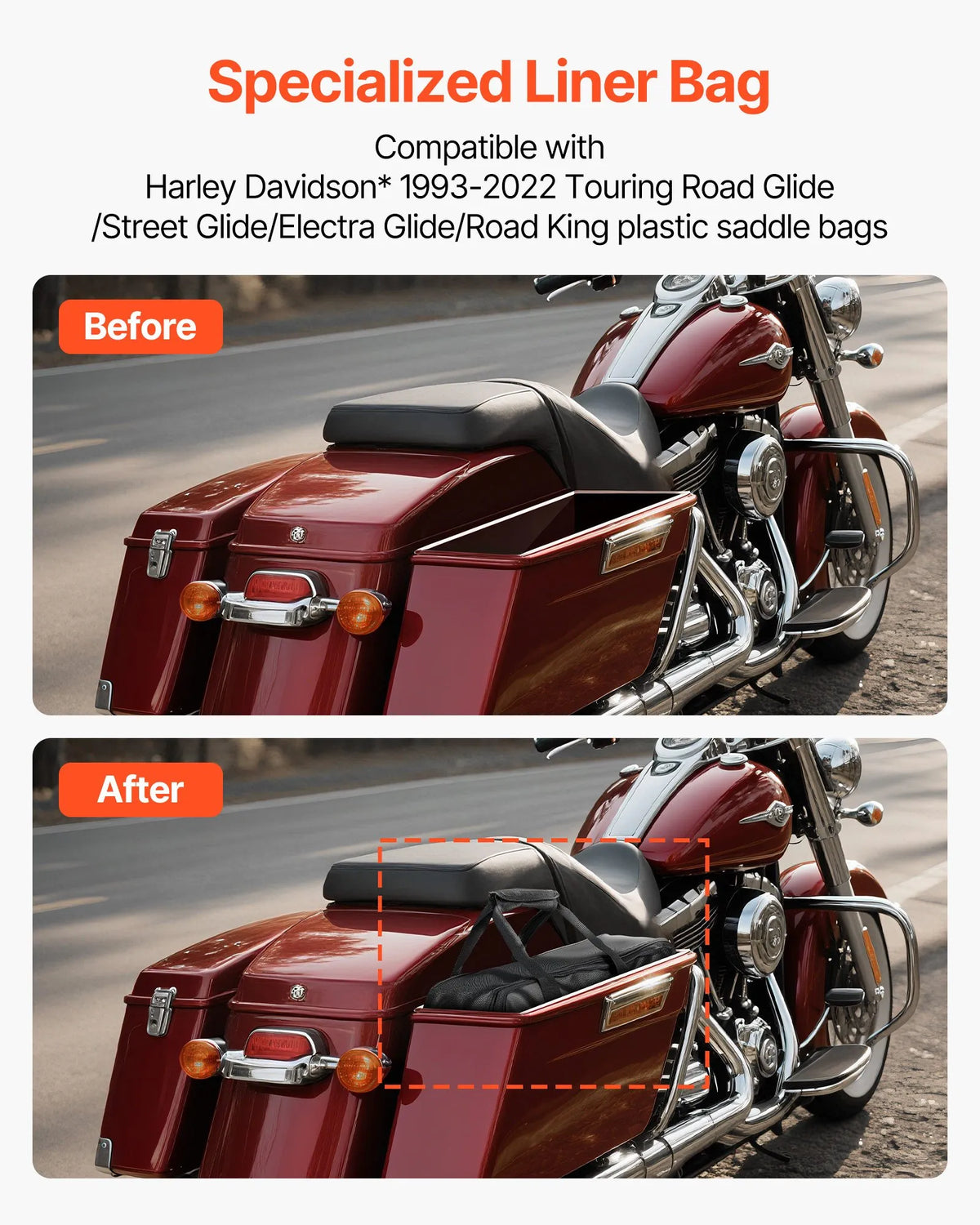 VEVOR motocikla sānu somas ieliktnis, 18 l ceļojumu bagāžas organizatora soma, saderīga ar Harley Davidson Touring 1993–2022 Road Glide, Street Glide, Electra Glide un Road King sānu somām, melna - ZEMLETES.LV