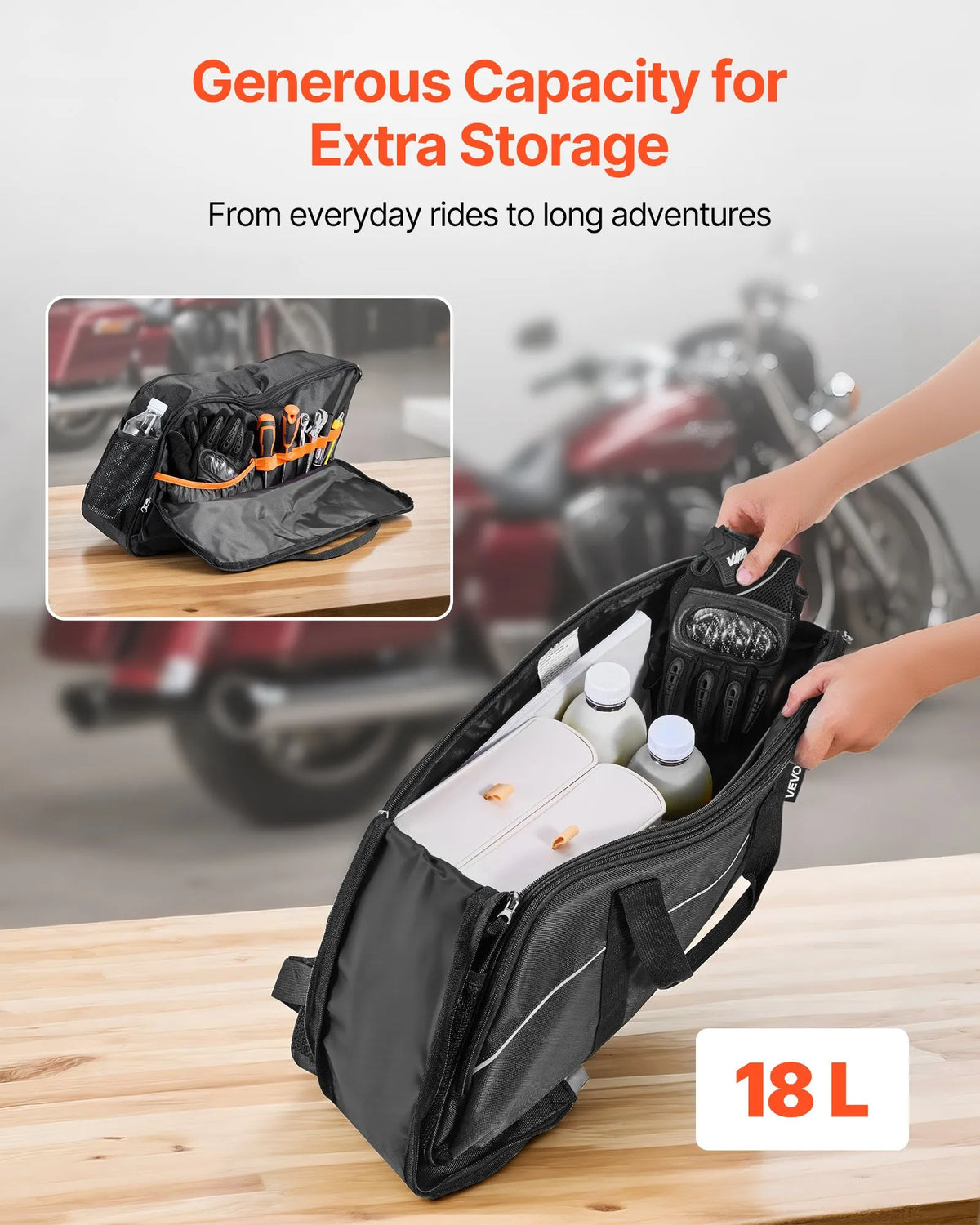 VEVOR motocikla sānu somas ieliktnis, 18 l ceļojumu bagāžas organizatora soma, saderīga ar Harley Davidson Touring 1993–2022 Road Glide, Street Glide, Electra Glide un Road King sānu somām, melna - ZEMLETES.LV