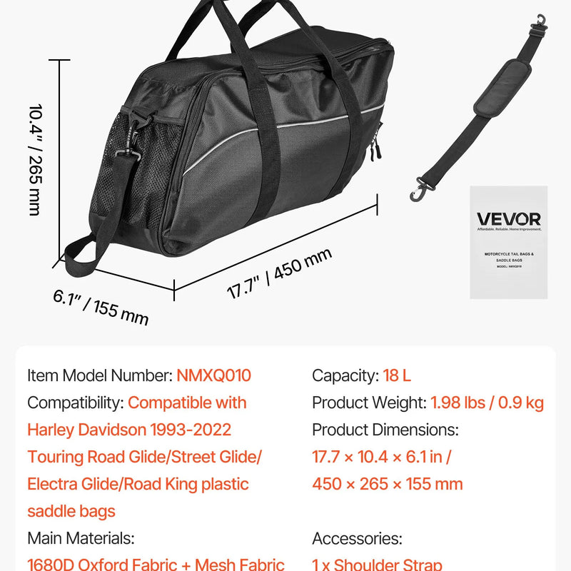 VEVOR motocikla sānu somas ieliktnis, 18 l ceļojumu bagāžas organizatora soma, saderīga ar Harley Davidson Touring 1993–2022 Road Glide, Street Glide, Electra Glide un Road King sānu somām, melna - ZEMLETES.LV