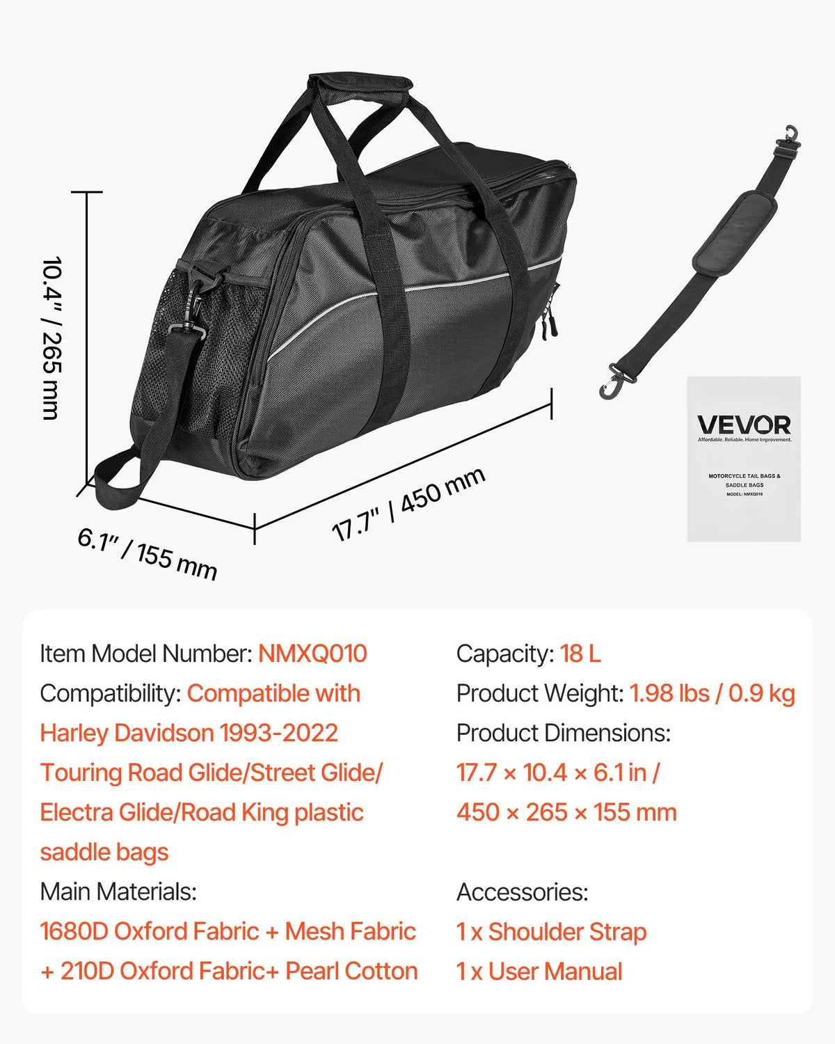 VEVOR motocikla sānu somas ieliktnis, 18 l ceļojumu bagāžas organizatora soma, saderīga ar Harley Davidson Touring 1993–2022 Road Glide, Street Glide, Electra Glide un Road King sānu somām, melna - ZEMLETES.LV