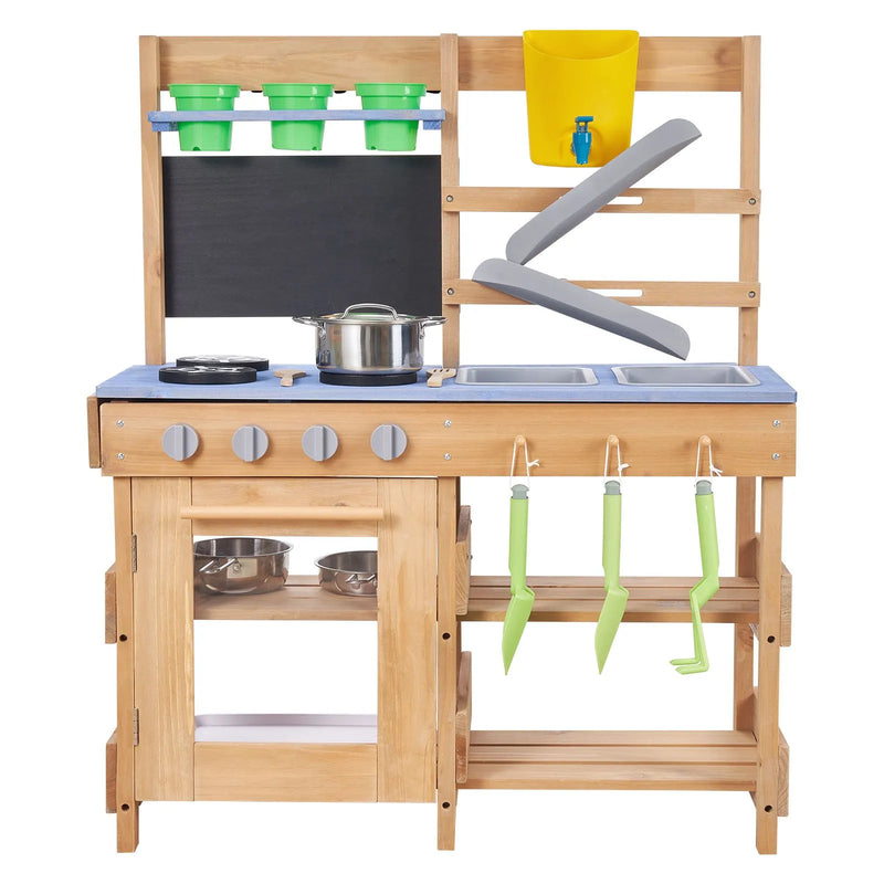 VEVOR āra virtuve bērniem, koka rotaļu virtuve āra lietošanai ar plītīm, āķiem, izlietnēm, stādīšanas lāpstiņām, lāpstiņām, rokturi, katliem un piederumiem, rotaļām ar ūdeni un smiltīm