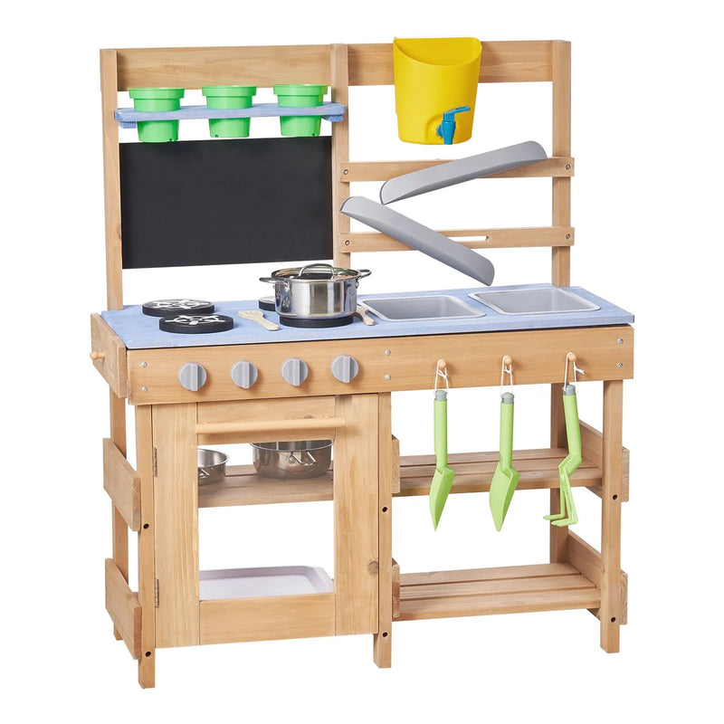 VEVOR āra virtuve bērniem, koka rotaļu virtuve āra lietošanai ar plītīm, āķiem, izlietnēm, stādīšanas lāpstiņām, lāpstiņām, rokturi, katliem un piederumiem, rotaļām ar ūdeni un smiltīm