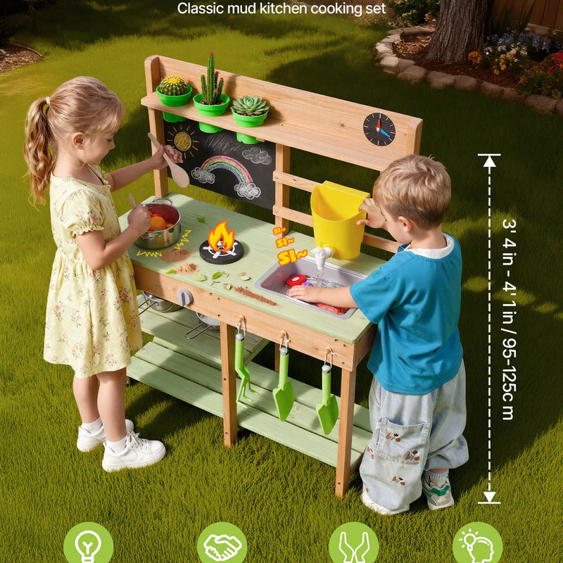 VEVOR koka āra virtuve bērniem ar plītīm, tvertni, izlietni, stādīšanas lāpstiņām, lāpstiņām, kasti, katliem un piederumiem rotaļām mājās, pagalmā vai uz zāliena