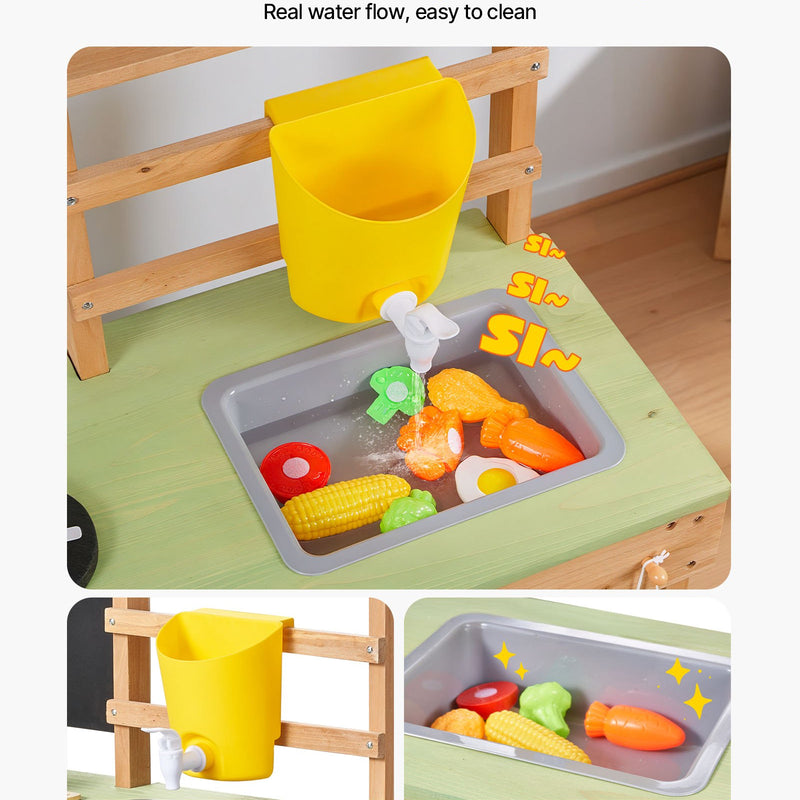 VEVOR koka āra virtuve bērniem ar plītīm, tvertni, izlietni, stādīšanas lāpstiņām, lāpstiņām, kasti, katliem un piederumiem rotaļām mājās, pagalmā vai uz zāliena