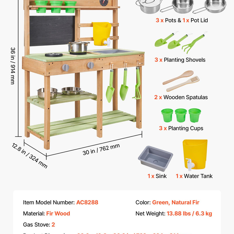 VEVOR koka āra virtuve bērniem ar plītīm, tvertni, izlietni, stādīšanas lāpstiņām, lāpstiņām, kasti, katliem un piederumiem rotaļām mājās, pagalmā vai uz zāliena