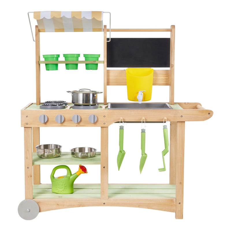 VEVOR āra virtuve bērniem, koka rotaļu virtuve āra lietošanai ar karotēm, izlietni, saules aizsargnojumi, grozāmiem riteņiem, katliem un piederumiem, piemērota lietošanai mājās un uz zāliena