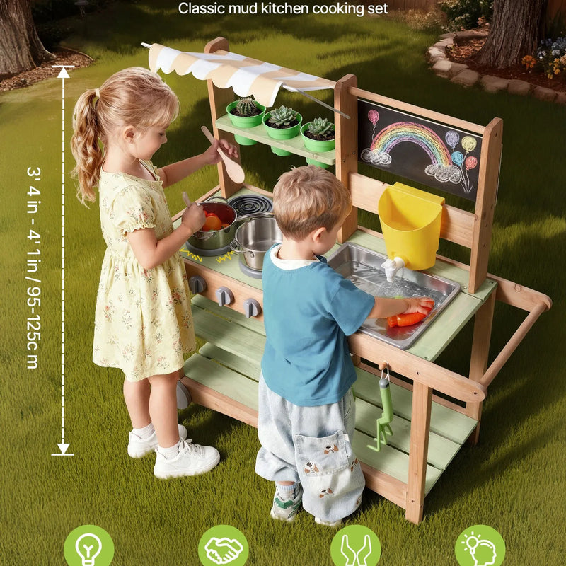 VEVOR āra virtuve bērniem, koka rotaļu virtuve āra lietošanai ar karotēm, izlietni, saules aizsargnojumi, grozāmiem riteņiem, katliem un piederumiem, piemērota lietošanai mājās un uz zāliena