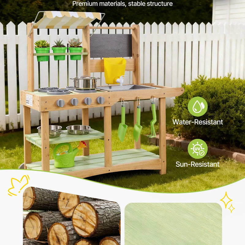 VEVOR āra virtuve bērniem, koka rotaļu virtuve āra lietošanai ar karotēm, izlietni, saules aizsargnojumi, grozāmiem riteņiem, katliem un piederumiem, piemērota lietošanai mājās un uz zāliena