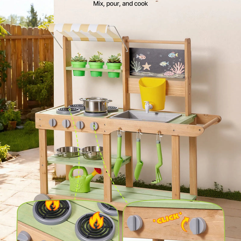 VEVOR āra virtuve bērniem, koka rotaļu virtuve āra lietošanai ar karotēm, izlietni, saules aizsargnojumi, grozāmiem riteņiem, katliem un piederumiem, piemērota lietošanai mājās un uz zāliena
