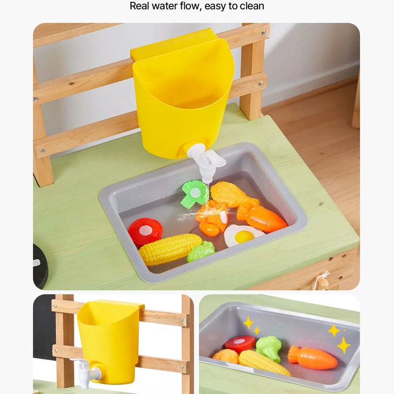 VEVOR āra virtuve bērniem, koka rotaļu virtuve āra lietošanai ar karotēm, izlietni, saules aizsargnojumi, grozāmiem riteņiem, katliem un piederumiem, piemērota lietošanai mājās un uz zāliena