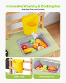 VEVOR āra virtuve bērniem, koka rotaļu virtuve āra lietošanai ar karotēm, izlietni, saules aizsargnojumi, grozāmiem riteņiem, katliem un piederumiem, piemērota lietošanai mājās un uz zāliena