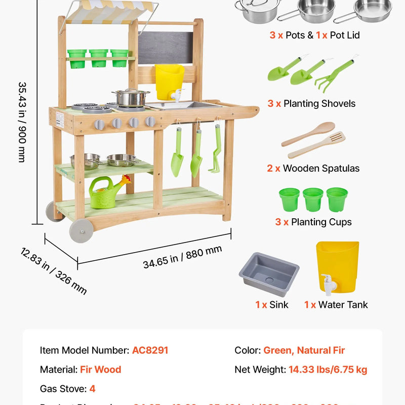 VEVOR āra virtuve bērniem, koka rotaļu virtuve āra lietošanai ar karotēm, izlietni, saules aizsargnojumi, grozāmiem riteņiem, katliem un piederumiem, piemērota lietošanai mājās un uz zāliena