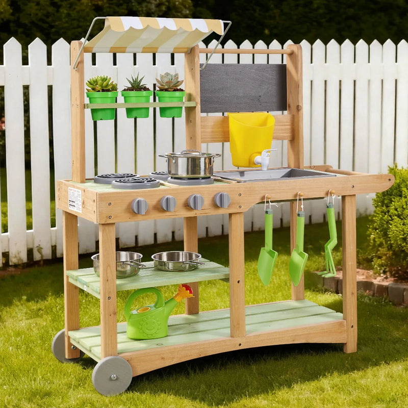 VEVOR āra virtuve bērniem, koka rotaļu virtuve āra lietošanai ar karotēm, izlietni, saules aizsargnojumi, grozāmiem riteņiem, katliem un piederumiem, piemērota lietošanai mājās un uz zāliena