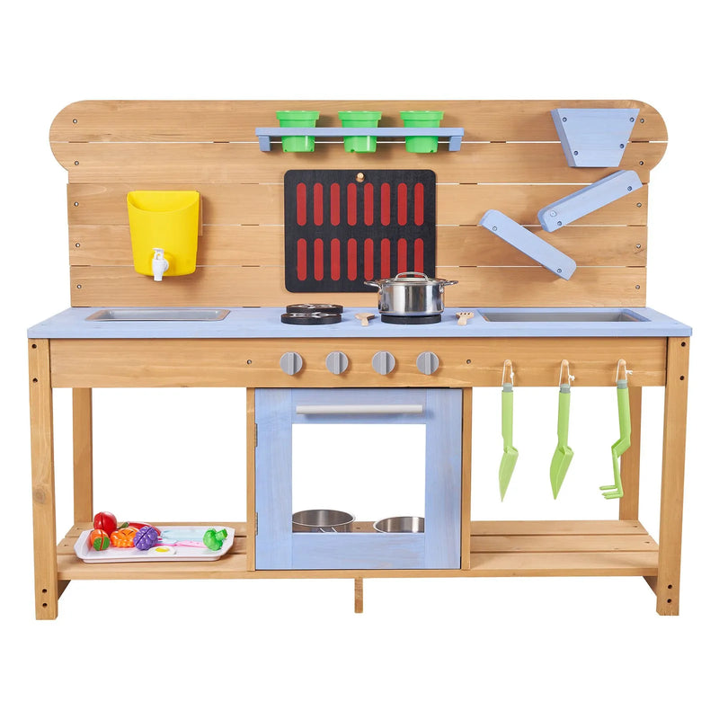 VEVOR koka āra virtuve bērniem ar plītīm, āķiem, dubulto izlietni, stādīšanas lāpstiņām, lāpstiņām, katliem un piederumiem rotaļām ar ūdeni un smiltīm