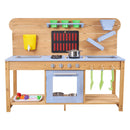 VEVOR koka āra virtuve bērniem ar plītīm, āķiem, dubulto izlietni, stādīšanas lāpstiņām, lāpstiņām, katliem un piederumiem rotaļām ar ūdeni un smiltīm