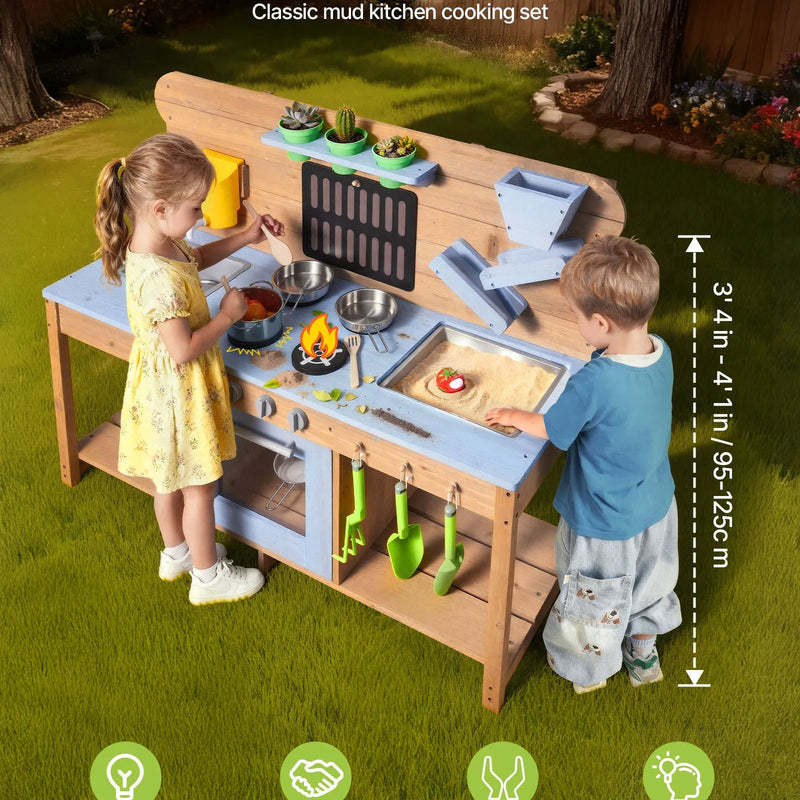 VEVOR koka āra virtuve bērniem ar plītīm, āķiem, dubulto izlietni, stādīšanas lāpstiņām, lāpstiņām, katliem un piederumiem rotaļām ar ūdeni un smiltīm