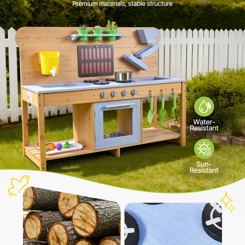 VEVOR koka āra virtuve bērniem ar plītīm, āķiem, dubulto izlietni, stādīšanas lāpstiņām, lāpstiņām, katliem un piederumiem rotaļām ar ūdeni un smiltīm