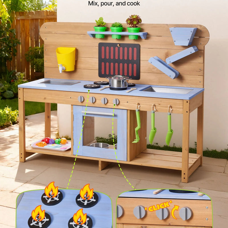 VEVOR koka āra virtuve bērniem ar plītīm, āķiem, dubulto izlietni, stādīšanas lāpstiņām, lāpstiņām, katliem un piederumiem rotaļām ar ūdeni un smiltīm