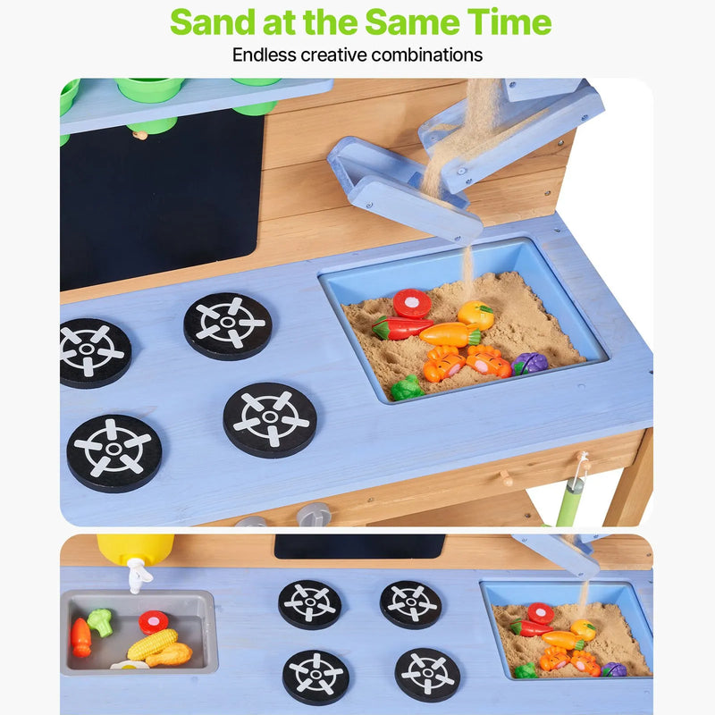 VEVOR koka āra virtuve bērniem ar plītīm, āķiem, dubulto izlietni, stādīšanas lāpstiņām, lāpstiņām, katliem un piederumiem rotaļām ar ūdeni un smiltīm