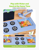 VEVOR koka āra virtuve bērniem ar plītīm, āķiem, dubulto izlietni, stādīšanas lāpstiņām, lāpstiņām, katliem un piederumiem rotaļām ar ūdeni un smiltīm