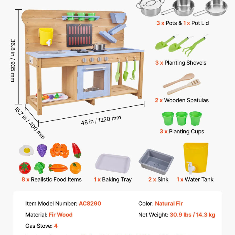 VEVOR koka āra virtuve bērniem ar plītīm, āķiem, dubulto izlietni, stādīšanas lāpstiņām, lāpstiņām, katliem un piederumiem rotaļām ar ūdeni un smiltīm