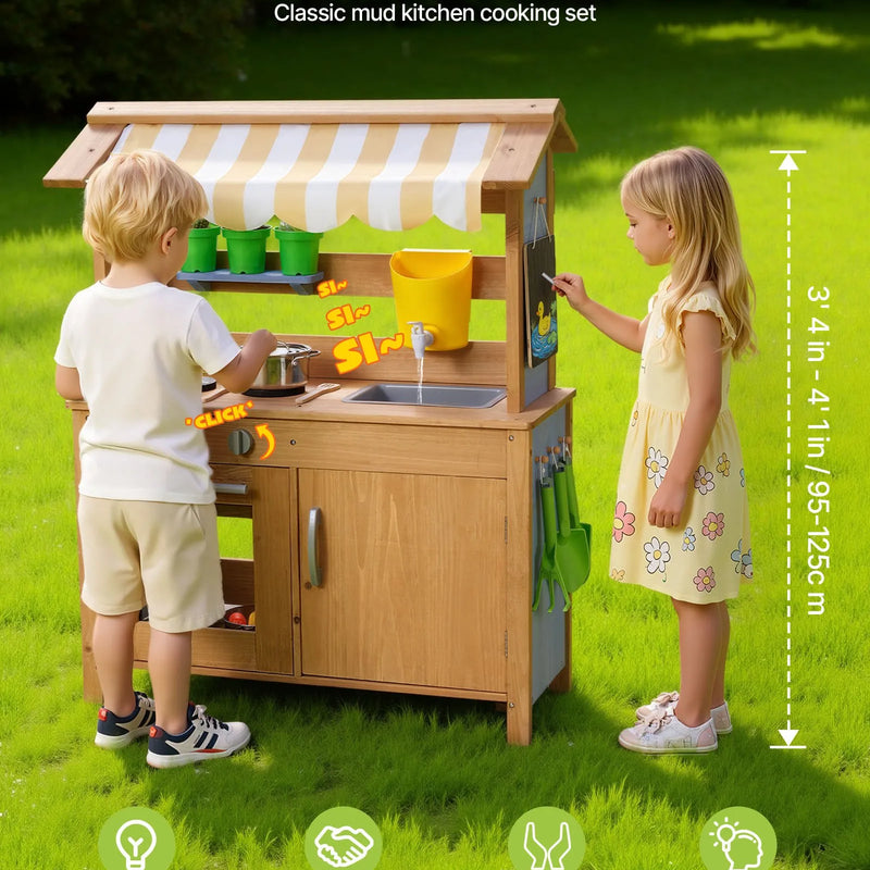 VEVOR koka āra virtuve bērniem ar karotēm, izlietni, tvertni, saulessargu, lāpstiņām, katliem un piederumiem rotaļām mājās vai uz zāliena