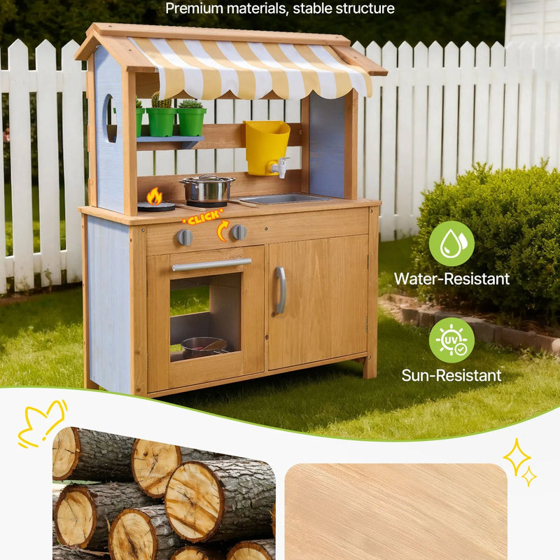 VEVOR koka āra virtuve bērniem ar karotēm, izlietni, tvertni, saulessargu, lāpstiņām, katliem un piederumiem rotaļām mājās vai uz zāliena