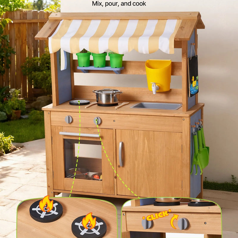 VEVOR koka āra virtuve bērniem ar karotēm, izlietni, tvertni, saulessargu, lāpstiņām, katliem un piederumiem rotaļām mājās vai uz zāliena