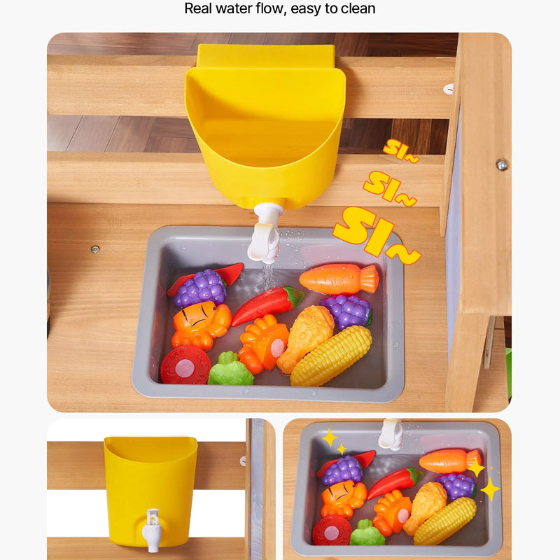 VEVOR koka āra virtuve bērniem ar karotēm, izlietni, tvertni, saulessargu, lāpstiņām, katliem un piederumiem rotaļām mājās vai uz zāliena