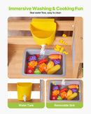 VEVOR koka āra virtuve bērniem ar karotēm, izlietni, tvertni, saulessargu, lāpstiņām, katliem un piederumiem rotaļām mājās vai uz zāliena
