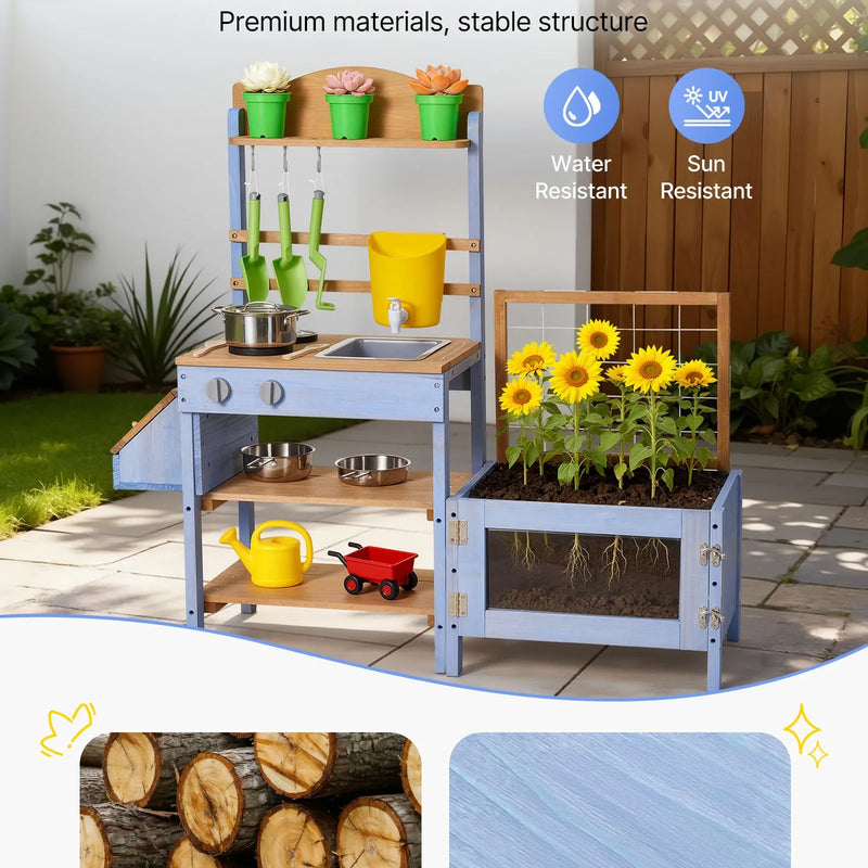 VEVOR āra virtuve bērniem, koka rotaļu virtuve āra lietošanai ar stādīšanas kasti, kukaiņu ķērāju, ūdens tvertni, izlietni, katliem un piederumiem, piemērota dārzam un pagalmam