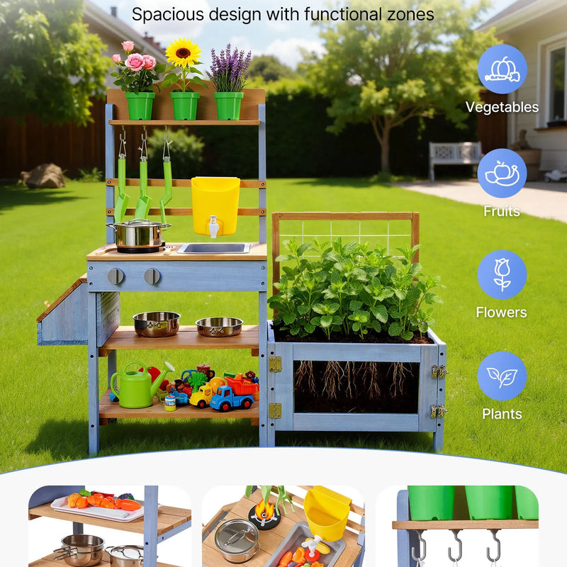 VEVOR āra virtuve bērniem, koka rotaļu virtuve āra lietošanai ar stādīšanas kasti, kukaiņu ķērāju, ūdens tvertni, izlietni, katliem un piederumiem, piemērota dārzam un pagalmam