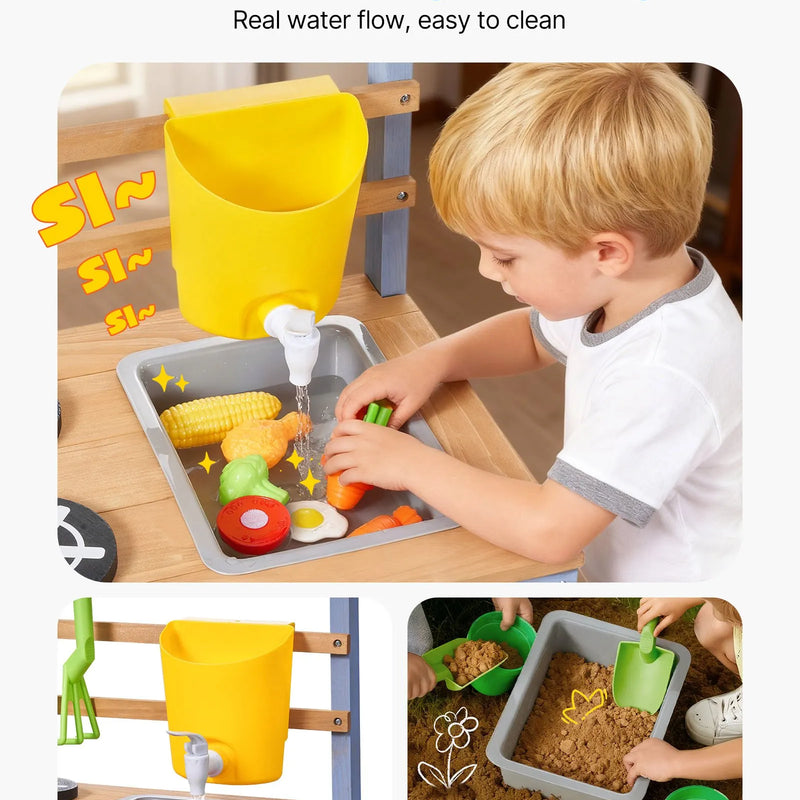 VEVOR āra virtuve bērniem, koka rotaļu virtuve āra lietošanai ar stādīšanas kasti, kukaiņu ķērāju, ūdens tvertni, izlietni, katliem un piederumiem, piemērota dārzam un pagalmam