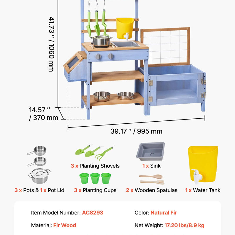 VEVOR āra virtuve bērniem, koka rotaļu virtuve āra lietošanai ar stādīšanas kasti, kukaiņu ķērāju, ūdens tvertni, izlietni, katliem un piederumiem, piemērota dārzam un pagalmam