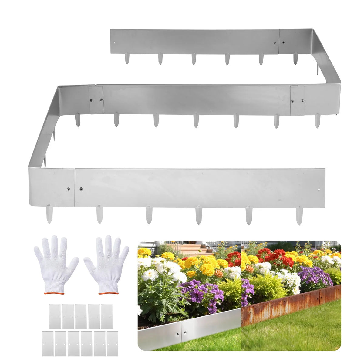 VEVOR kortena tērauda dārza apmales 10 gab. komplekts 100 × 23 cm ar 11 savienojuma plāksnēm, viegli uzstādāmas metāla apmales puķu dobēm, celiņiem un dārza zonām - ZEMLETES.LV