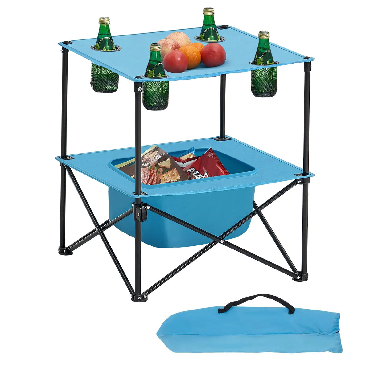 Folding Camping Table, Portable Lightweight Outdoor Picnic Table with 600D Oxford Waterproof Fabric, 4 Cup Holders and Carrying Bag, Suitable for Camping, Travel, Beach and Picnics, Blue
