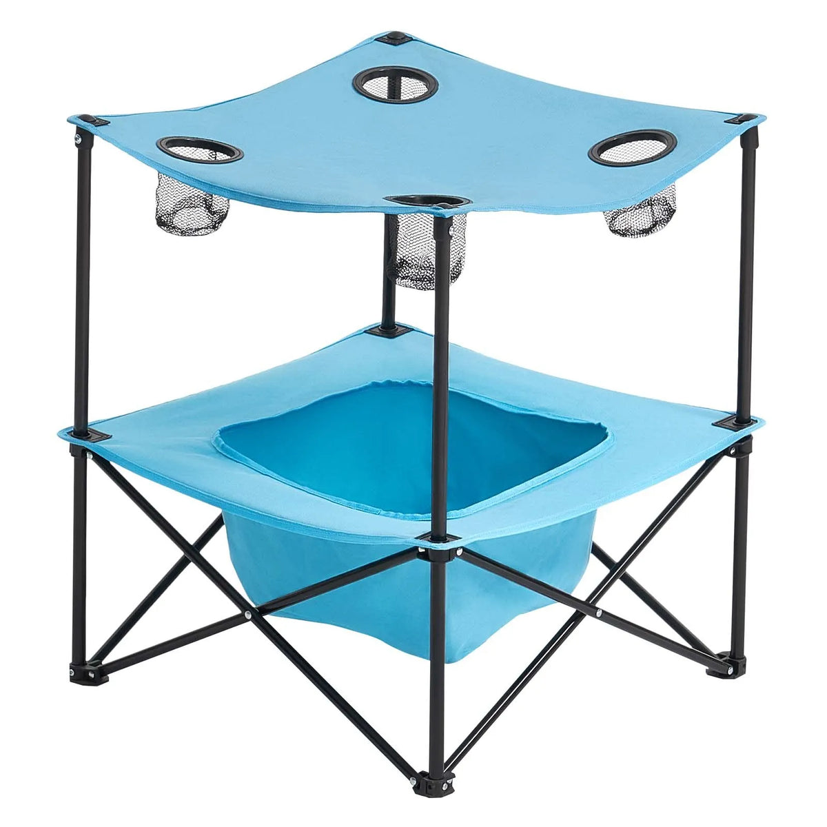 Folding Camping Table, Portable Lightweight Outdoor Picnic Table with 600D Oxford Waterproof Fabric, 4 Cup Holders and Carrying Bag, Suitable for Camping, Travel, Beach and Picnics, Blue