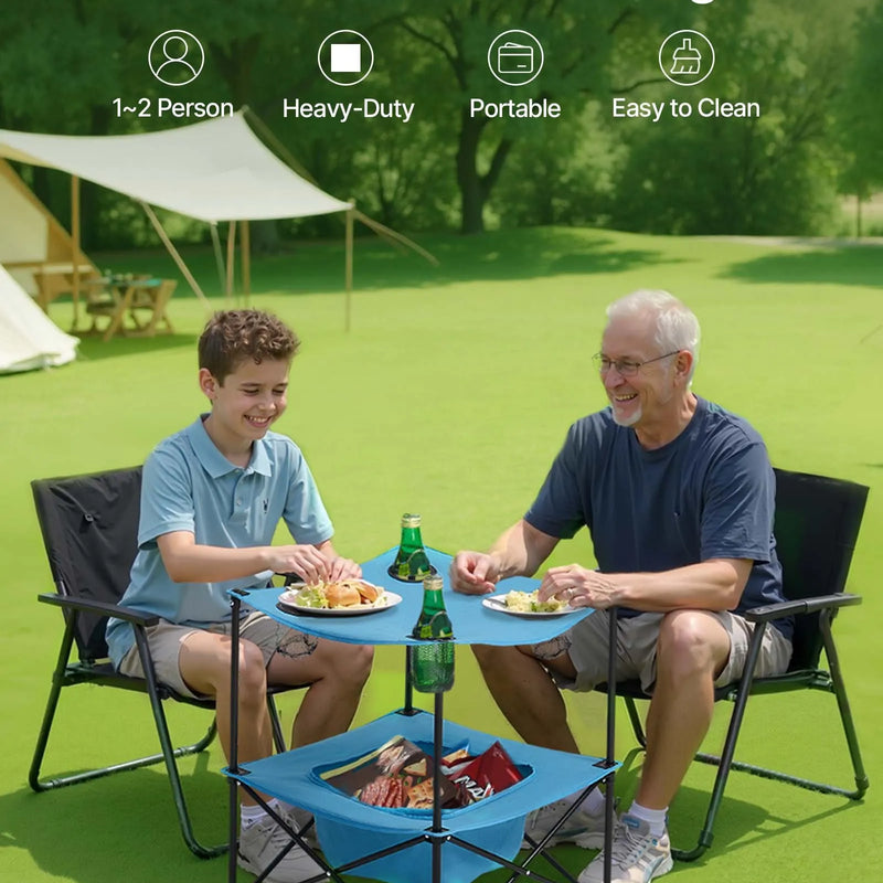 Saliekams kempinga galds, pārnēsājams viegls āra piknika galds no 600D Oksfordas ūdensizturīga auduma ar 4 glāžu turētājiem un pārnēsāšanas somu, piemērots kempingam, ceļojumiem, pludmalei un piknikiem, zils