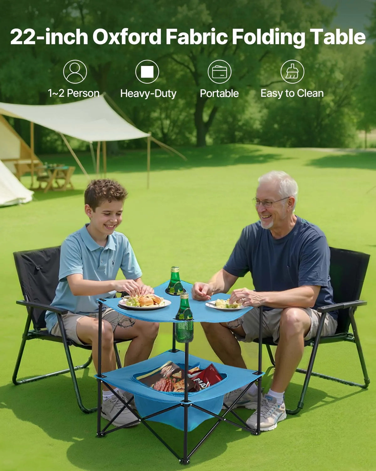 Folding Camping Table, Portable Lightweight Outdoor Picnic Table with 600D Oxford Waterproof Fabric, 4 Cup Holders and Carrying Bag, Suitable for Camping, Travel, Beach and Picnics, Blue