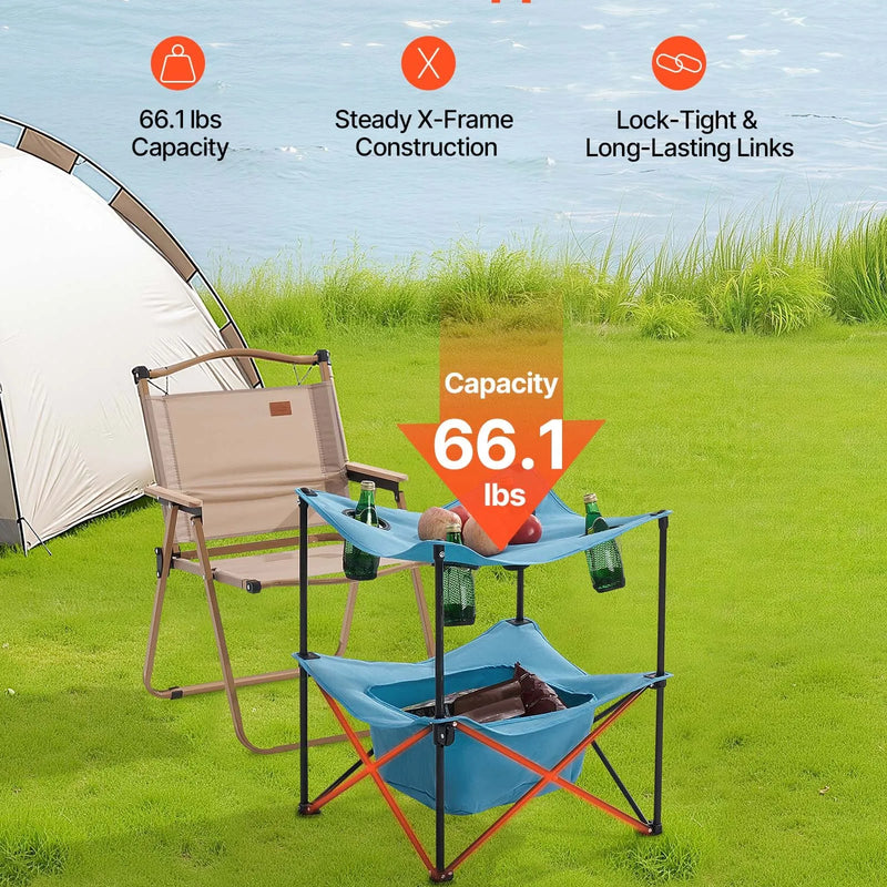 Saliekams kempinga galds, pārnēsājams viegls āra piknika galds no 600D Oksfordas ūdensizturīga auduma ar 4 glāžu turētājiem un pārnēsāšanas somu, piemērots kempingam, ceļojumiem, pludmalei un piknikiem, zils