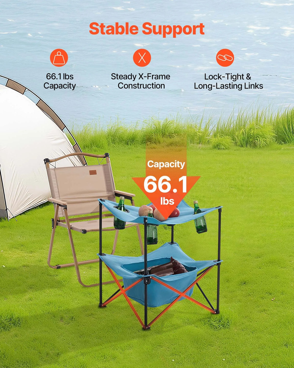 Folding Camping Table, Portable Lightweight Outdoor Picnic Table with 600D Oxford Waterproof Fabric, 4 Cup Holders and Carrying Bag, Suitable for Camping, Travel, Beach and Picnics, Blue