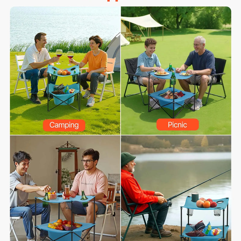 Saliekams kempinga galds, pārnēsājams viegls āra piknika galds no 600D Oksfordas ūdensizturīga auduma ar 4 glāžu turētājiem un pārnēsāšanas somu, piemērots kempingam, ceļojumiem, pludmalei un piknikiem, zils
