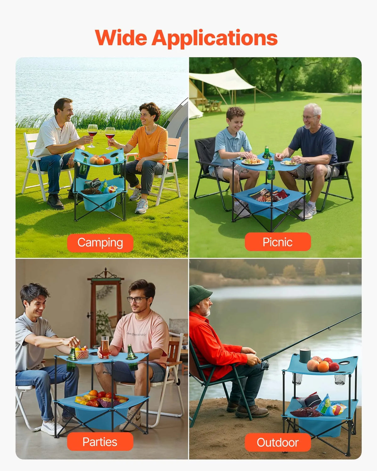 Folding Camping Table, Portable Lightweight Outdoor Picnic Table with 600D Oxford Waterproof Fabric, 4 Cup Holders and Carrying Bag, Suitable for Camping, Travel, Beach and Picnics, Blue