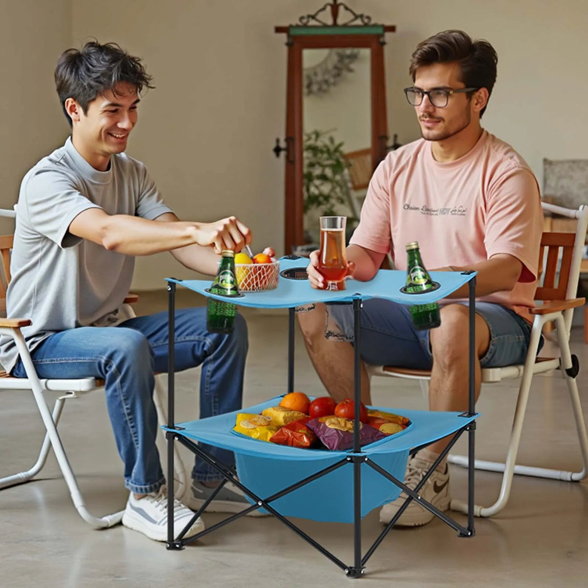 Folding Camping Table, Portable Lightweight Outdoor Picnic Table with 600D Oxford Waterproof Fabric, 4 Cup Holders and Carrying Bag, Suitable for Camping, Travel, Beach and Picnics, Blue