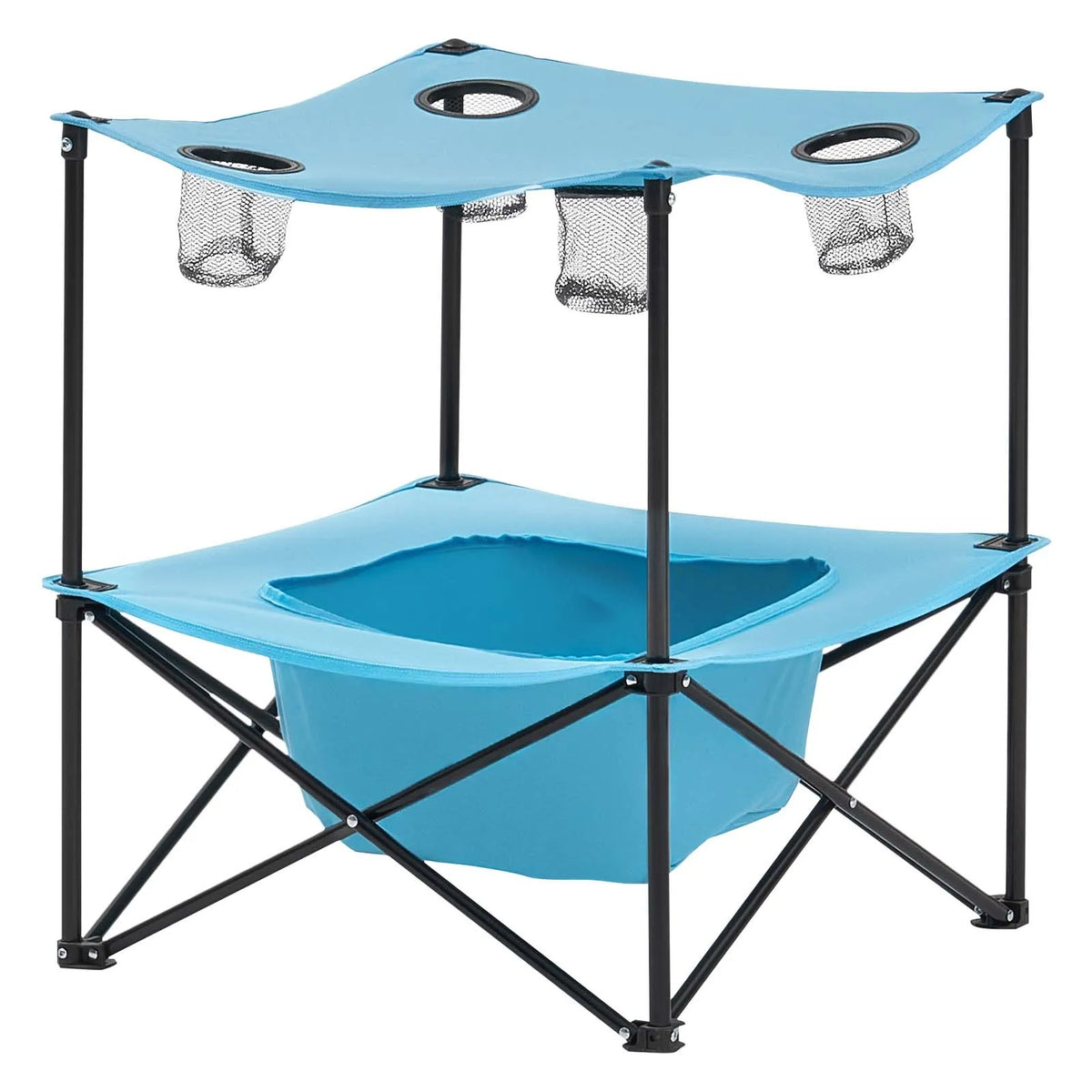 Folding Camping Table, Portable Lightweight Outdoor Picnic Table with 600D Oxford Waterproof Fabric, 4 Cup Holders and Carrying Bag, Suitable for Camping, Travel, Beach and Picnics, Blue