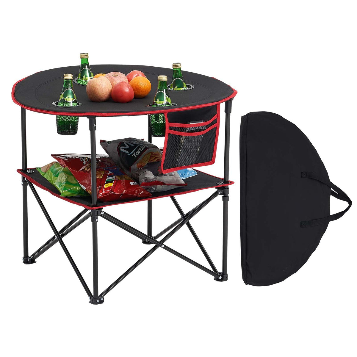 Folding Camping Table, Portable Lightweight Outdoor Picnic Table with 600D Oxford Waterproof Fabric, 4 Cup Holders and Carrying Bag, Suitable for Camping, Travel, Beach and Picnics, Black