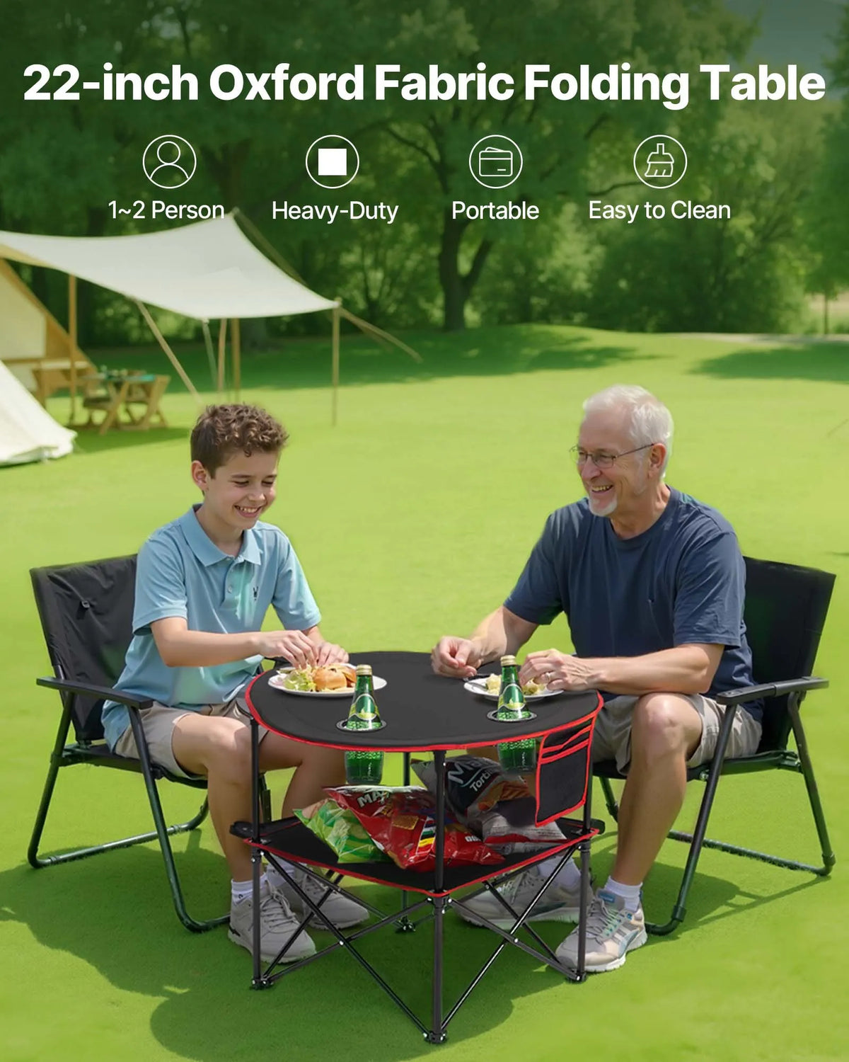 Folding Camping Table, Portable Lightweight Outdoor Picnic Table with 600D Oxford Waterproof Fabric, 4 Cup Holders and Carrying Bag, Suitable for Camping, Travel, Beach and Picnics, Black